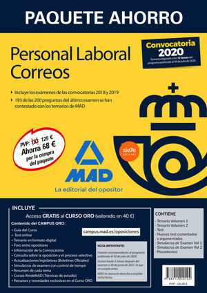 PAQUETE AHORRO PERSONAL LABORAL CORREOS 2020. AHORRA 68 Ç (INCLUYE TEMARIOS 1 Y